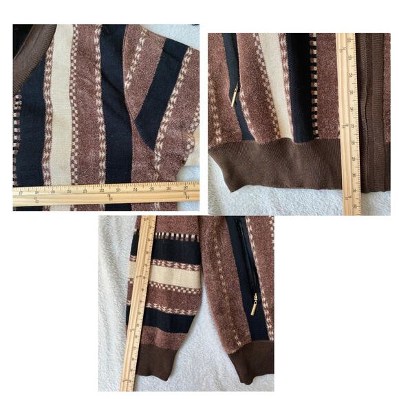 Silversilk Mens 70s Retro Shawl Collar Striped Zip Up Cardigan Sweater 4XL Brown - Picture 7 of 7